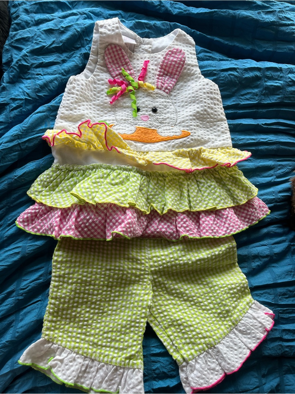 Bonnie Baby Easter Bunny Seersucker Ruffle Pant Set 12M Pink Green Spring Outfit